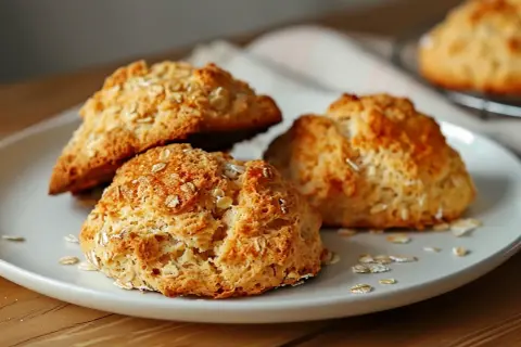 Tre gyllene glutenfria scones med havregryn på en vit tallrik, redo att avnjutas.