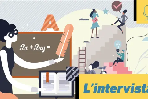 Illustrazione di un'intervista che valorizza le competenze non cognitive, con persone che salgono scale verso il successo e un insegnante alla lavagna.