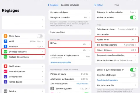 Paramètres du téléphone : activer VoLTE Free. L'image montre les réglages pour activer VoLTE sur un iPhone avec la carte SIM Free.
