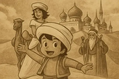 Wesoły chłopiec w turbanie, podróżujący z wielbłądem i starszym mężczyzną, zbliża się do miasta. To może być ojczyzna Sindbada Żeglarza.