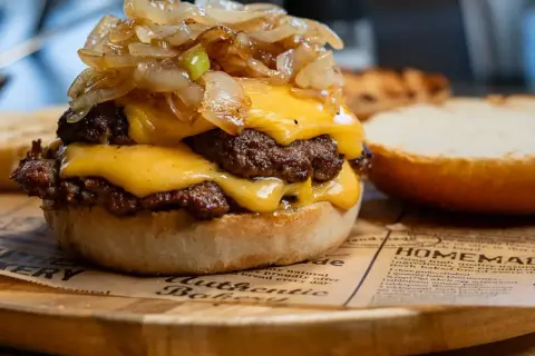 Smash burger co to? Podwójny burger z serem, karmelizowaną cebulką i soczystymi wołowymi kotletami na bułce.