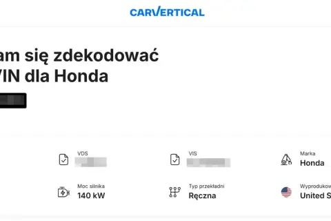 Jak sprawdzić wyposażenie auta po VIN? Wyniki dekodowania numeru VIN dla Hondy: silnik 1.8 l, 140 kW, skrzynia ręczna, produkcja USA.
