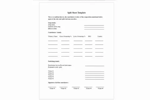 A split sheet template for documenting song details, writer contributions, and royalty splits.