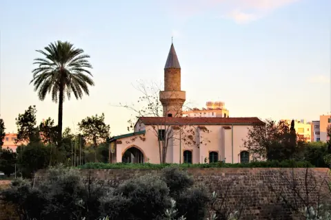 Minaret i meczet w Nikozji, stolicy Cypru, na tle palmy i zachodzącego słońca.