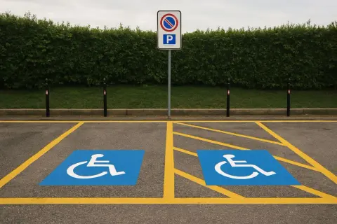 Due posti auto riservati con simbolo disabili. Attenzione: parcheggiare qui senza permesso comporta una multa per parcheggio invalidi.