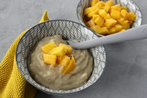 Babybrei mit Mango-Stückchen in einer Schüssel, daneben eine weitere Schüssel mit Mangowürfeln. Ein gelbes Tuch liegt daneben.