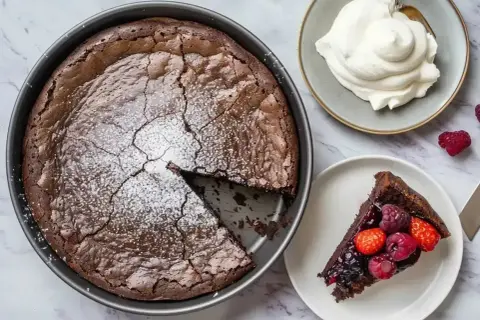 Enkel tårta med choklad och bär, pudrad med florsocker. En bit serveras med vispad grädde och färska bär.