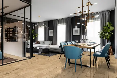 Nowoczesny salon z jadalnią, gdzie drewniana podłoga kronostep tworzy ciepłą bazę dla błękitnych krzeseł i eleganckiego stołu.