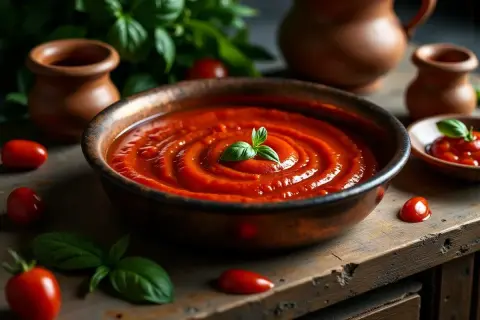 Gęsty, aromatyczny sos pomidorowy z bazylią, idealny, by dowiedzieć się, jak zrobić sos do pizzy.