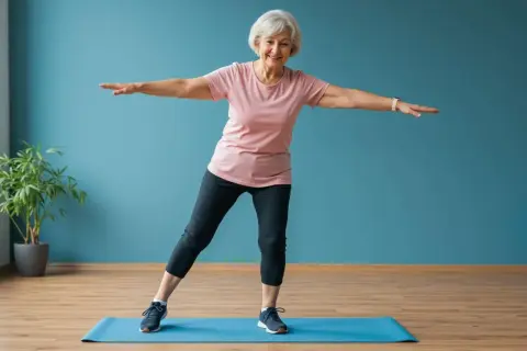 Une femme âgée souriante fait du sport à la maison, sur un tapis bleu, bras écartés pour l'équilibre.