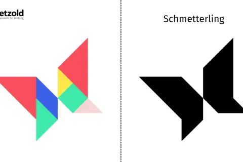 Bunte Tangram-Teile ergeben links einen Schmetterling, rechts die schwarze Tangram vorlage.