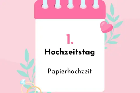 Der 1. Hochzeitstag, die Papierhochzeit, ist ein besonderer Meilenstein. Dekoriert mit Herzen und Blättern.