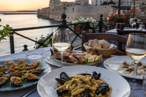 Un tavolo con vista sul mare, pronto per gustare squisiti piatti tipici tarantini: pasta con cozze, soutè di cozze e un misto di crostacei.