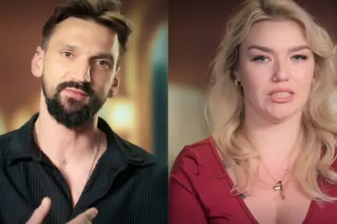 Mężczyzna z brodą i tatuażem na szyi oraz kobieta z blond włosami i naszyjnikiem. Czy to para, czy tylko znajomi? **Why not both**?