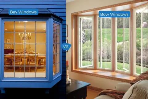 Left: a blue bay window showing a dining room. Right: a bow window with a view of a garden.