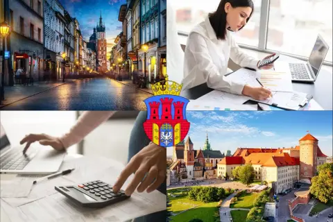 Kraków: Rynek Główny, Wawel, kobiety pracujące z kalkulatorem i laptopem, herb miasta.