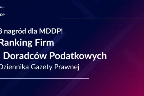 Logo MDDP i tekst: 8 nagród dla MDDP! Ranking Firm i Doradców Podatkowych Dziennika Gazety Prawnej.