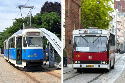 Wrocławskie tramwaje: niebiesko-biały na moście i czerwony na ulicy.