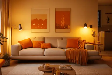 Gemütliches Wohnzimmer mit Sofa, Kissen und Decke in warmer, orange Farbe. Zwei Bilder mit orangefarbenen Motiven hängen an der Wand.