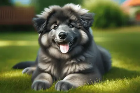 Szczeniak rasy blue bay shepherd leży na trawie, merdając ogonem.