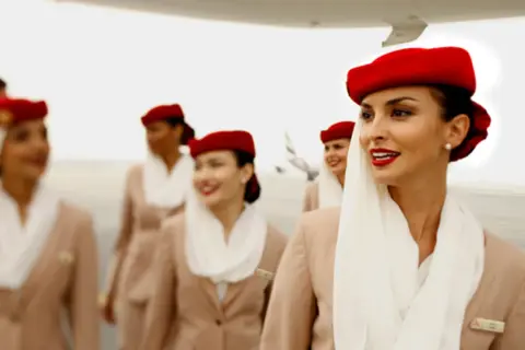 Uśmiechnięte stewardessy Emirates w czerwonych beretach i beżowych uniformach idą po płycie lotniska.
