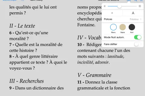 Lecture d'un livre au format epub, affichant des questions sur la moralité et la grammaire.