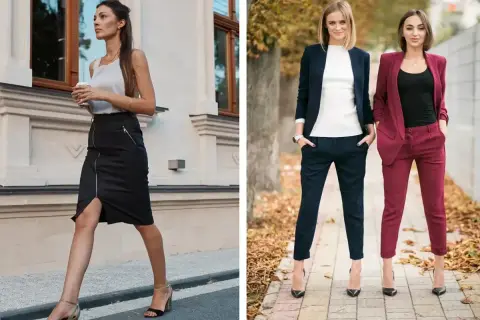Eleganckie stylizacje na imprezę firmową: czarna spódnica z zamkiem i buty na obcasie, granatowy i bordowy garnitur.