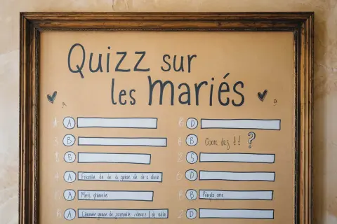 Un jeu mariage questions invités pour tester les connaissances sur les mariés. Le quiz est écrit à la main sur un fond brun.
