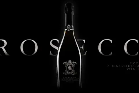 Elegancka butelka wina musującego z napisem "PROSECCO" i tekstem "CZYLI O JEDNYM Z NAJPOPULARNIEJSZYCH WIN MUSUJĄCYCH". Odkryj różne prosecco rodzaje.
