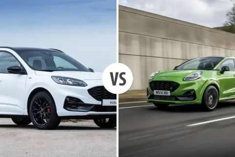 Biały Ford Kuga i zielony Ford Puma, dwa stylowe SUV-y, gotowe do jazdy.