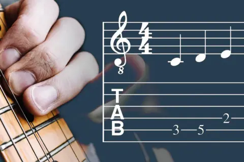 Gitarrenhand übt eine Dur-Tonleiter. Noten und Tabulatur zeigen die Griffe.