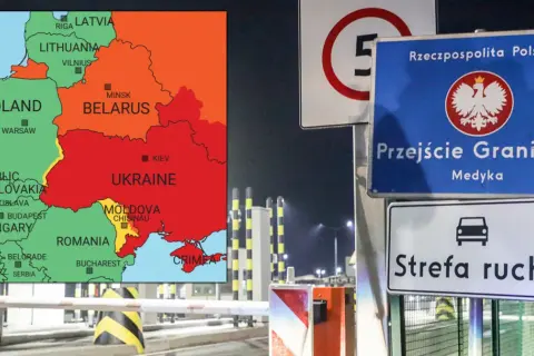 Mapa Europy Wschodniej obok znaku "Przejście Graniczne Medyka" i "Strefa ruchu". W tle widać przejście graniczne, które może być jednym z miejsc na liście najniebezpieczniejsze kraje świata.
