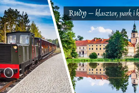 Kolejka wąskotorowa i malowniczy krajobraz z odbiciem w wodzie, ukazujące piękno opactwa cystersów w Rudach.