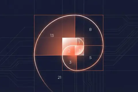 Spirale dorée illustrant la série de Fibonacci, avec des carrés de tailles 1, 1, 2, 3, 5, 8, 13, 21.
