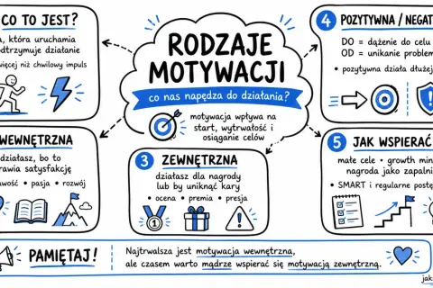Rodzaje motywacji: wewnętrzna (pasja, rozwój) i zewnętrzna (nagroda, presja). Wewnętrzna jest trwalsza, ale zewnętrzna też wspiera.