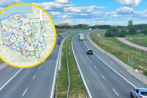 Mapa Polski z zaznaczonymi nowymi odcinkowymi pomiarami prędkości. Na drodze widać kilka samochodów.