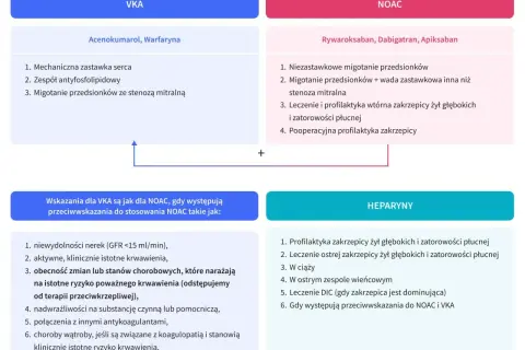 Schemat porównuje leki przeciwzakrzepowe: VKA (acenokumarol, warfaryna) i NOAC (rywaroksaban, dabigatran, apiksaban), wskazując ich zastosowania i przeciwwskazania. Heparyny również są uwzględnione.