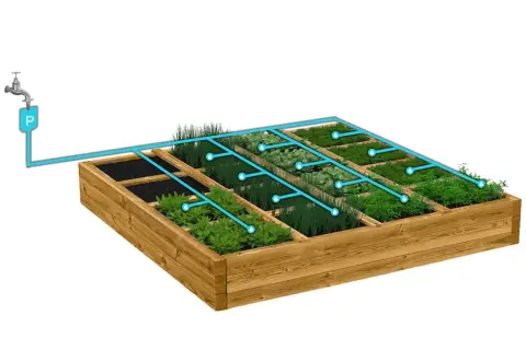 Schema impianto irrigazione a goccia orto con tubi blu che portano acqua alle diverse aiuole piantumate.