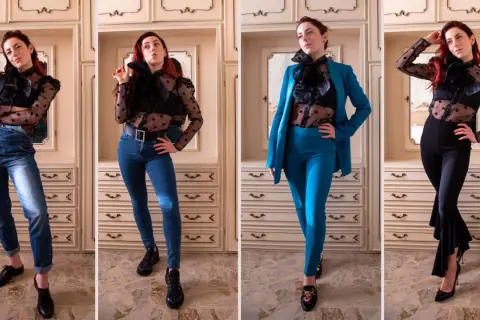 Modelli di outfit con camicia trasparente: jeans, tuta, tailleur e pantaloni a zampa. Idee su cosa mettere sotto una camicia trasparente.