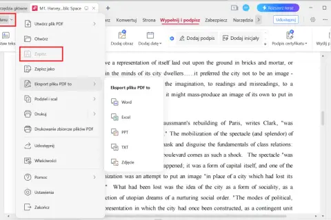 Menu "Zapisz" pozwala na edycję PDF. Wybierz opcję "Eksport pliku PDF to", aby przekonwertować dokument.