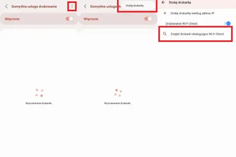 Jak połączyć drukarkę z telefonem? Ekran dodawania drukarki, opcja wyszukiwania drukarek z Wi-Fi Direct.