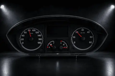 Instrumentpanel för V70 med hastighetsmätare, varvräknare, bränsle- och temperaturmätare. Antisladd service erfordras.
