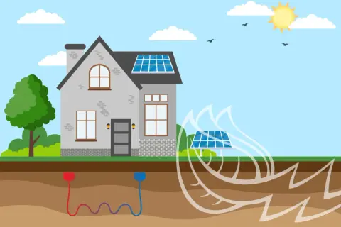 Casa con paneles solares y sistema de geotermia que es, aprovechando la energía del sol y la tierra para un hogar sostenible.