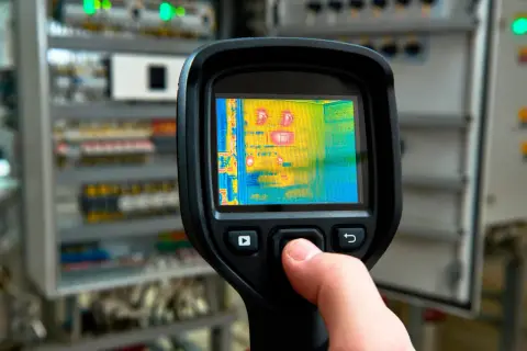 Ręka trzyma termowizyjny aparat, który pokazuje rozwarty panel elektryczny z gorącymi punktami.