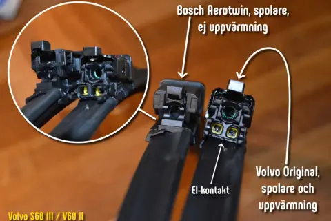 Jämförelse av torkarblad för Volvo S60 III / V60 II. Bosch Aerotwin utan värme, Volvo Original med värme och el-kontakt.