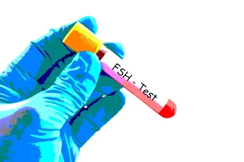 Blå hand med handske håller provrör märkt "FSH-Test".