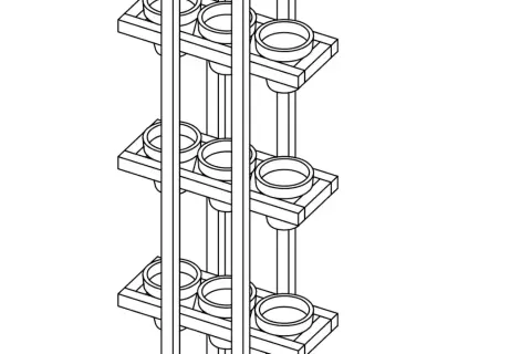 Ilustracja techniczna pionowego kwietnika z kilkoma półkami i doniczkami.