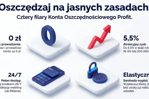 Konto Oszczędnościowe Profit: 0 zł za prowadzenie, 5,5% oprocentowanie rachunku oszczędnościowego, dostęp 24/7 i elastyczność wypłat.