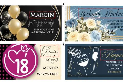 Cztery grafiki z okazji 18. urodzin: balony, kwiaty, cyfra 18 i kieliszki.