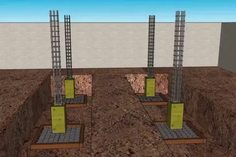 Ilustración de cómo hacer una cimentación: pilares de acero y encofrados de madera en zanjas.